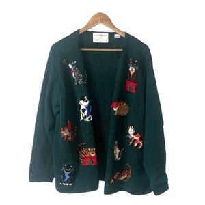 Cat Christmas Holiday Sweater Cardigan Marisa Christina Vintage 2001 Green 2X